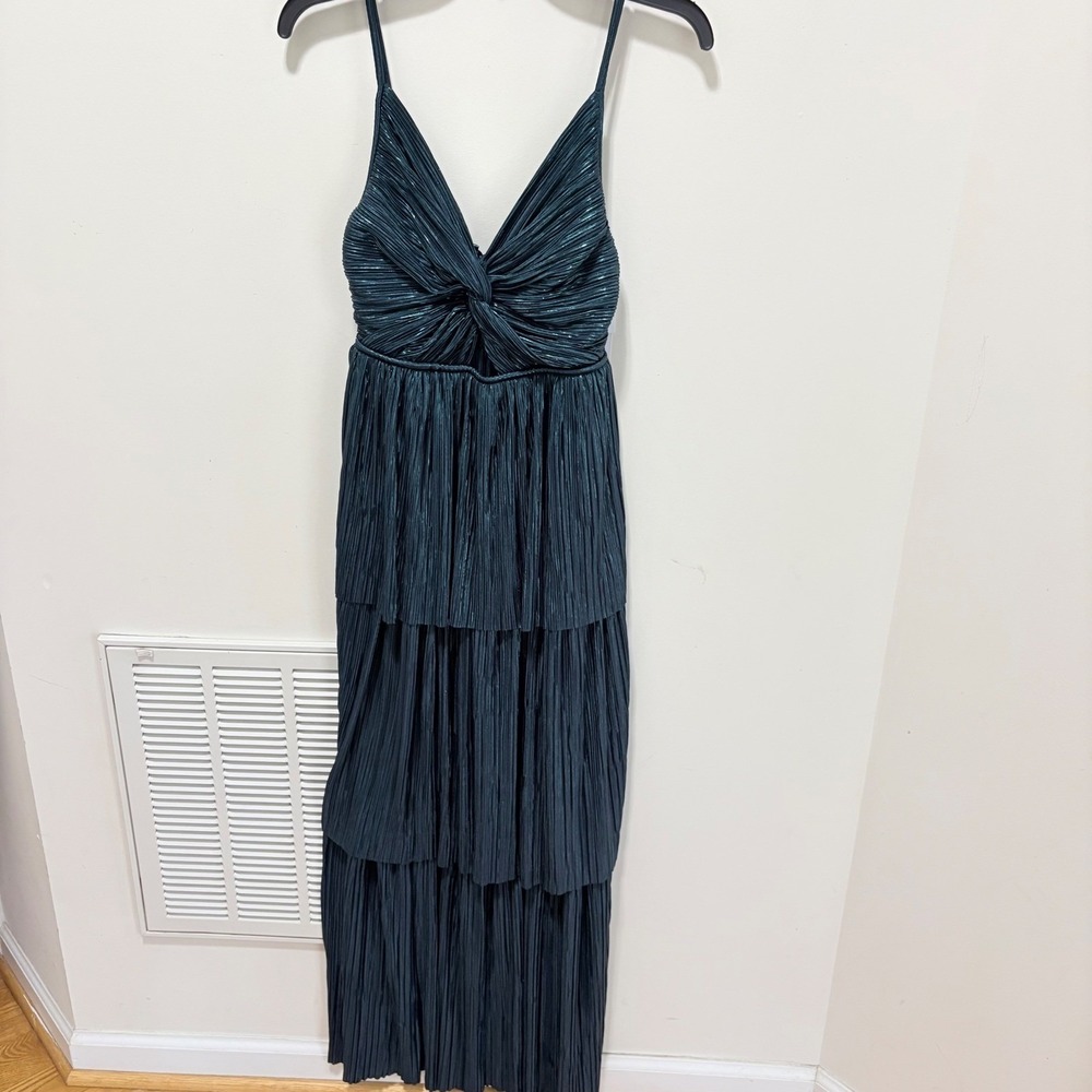 Sabina Musayev Helenaβ Maxi Dress Women Teal Size Small Metallic Pleated Tiered